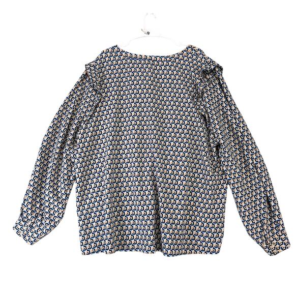 Cotton Bleu Geometric Tunic Top Women's Plus Sz 3X Ruffle Trim Long Puff Sleeve - Picture 2 of 10